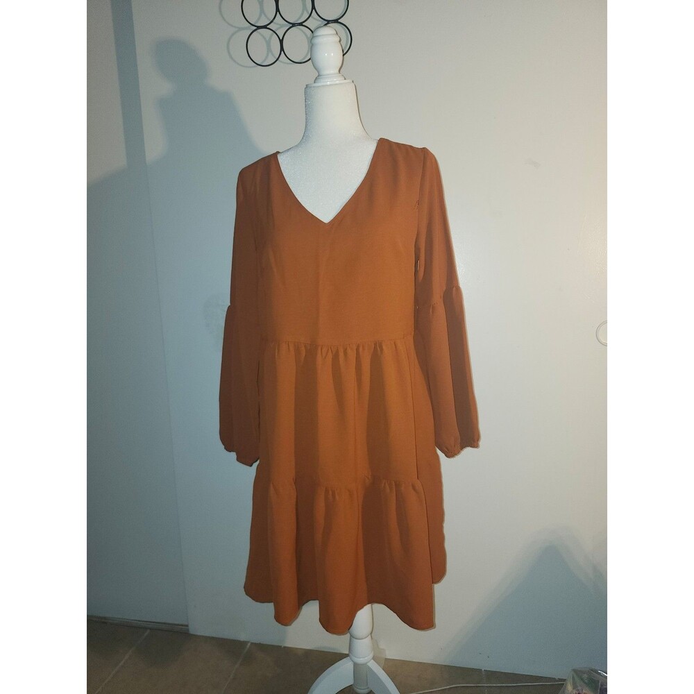 V Neck Ruffled Hem Casual Puffy Sleeves Rust Color Dress S
